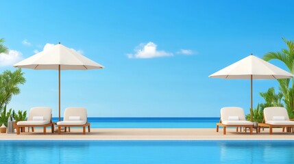 Obraz premium Serene Beach Poolside Relaxation Two Lounge Chairs Under Umbrellas