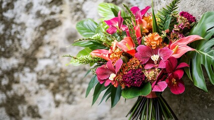 Vibrant floral bouquet with pink orchids and orange lilies against a textured gray wall