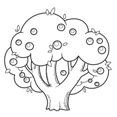 Old tree with apples in the crown outlined variation for coloring page on white background