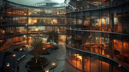 Fototapeta premium Modern architectural courtyard with glass walls, illuminated interiors, and evening ambiance