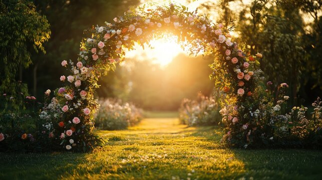 Floral archway at sunset in a garden with golden light and soft focus creating a romantic scene