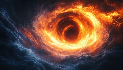 Fiery vortex swirling amidst dark storm clouds in apocalyptic sky, digital art