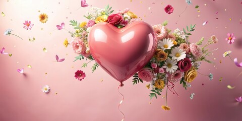 A heart-shaped balloon floating in mid-air surrounded by swirling flowers and ribbons , holiday, colors,  holiday