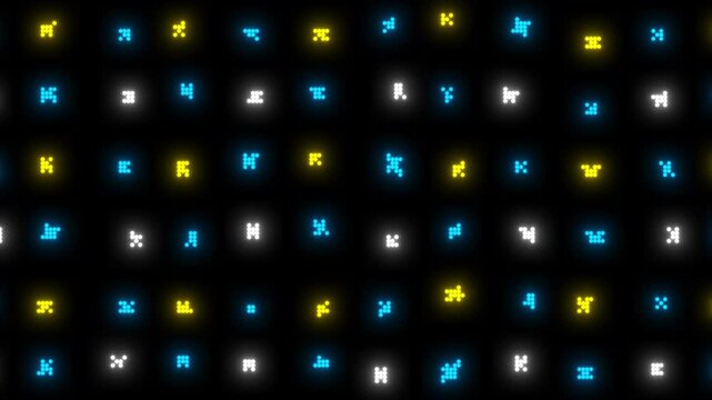 Abstract Digital Grid Of Glowing Blue, Yellow, And White Pixels Morphing On Black Background, Seamless Loop, Futuristic Animation Backgrounds.