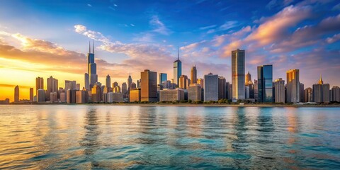 Fototapeta premium Panoramic view of Chicago skyline at sunset with Lake Michigan , architecture, urban landscape