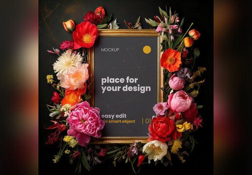 Golden Frame Page Poster Mockup Surrounded with Colorful Elegant Flowers 02