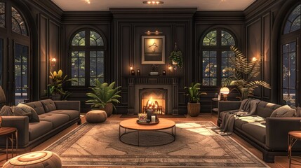 Cozy modern living room with fireplace, plants, and warm lighting, showcasing a tranquil atmosphere
