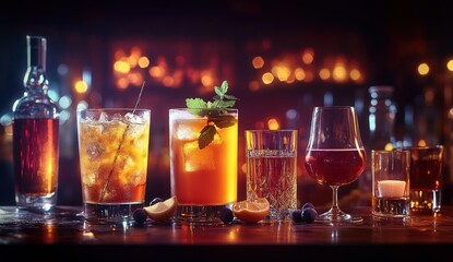 Variety of Strong Spirits and Cocktails on Bar Counter with Warm Backlighting
