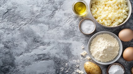 Ingredients for Potato Gnocchi on a textured grey background with copy space