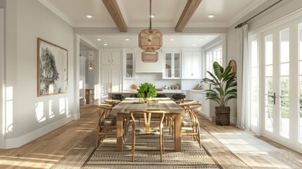 Fototapeta premium Modern dining room with wooden table and chairs, bright natural light, and greenery in background