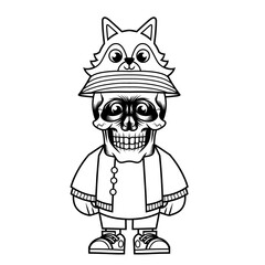 Mascot character design cartoon skull wolf hat outline
