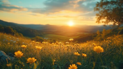 Obraz premium Golden Hour Meadow: Sunset Serenity in Mountain Valley