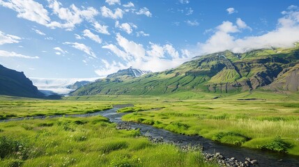 Obraz premium A beautiful green field with a majestic mountain, a clear river and a vast sky in the background. The idyllic and serene natural scenery creates a peaceful and charming atmosphere.