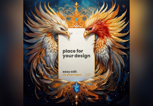 Mythical Frame Page Poster Mockup with Two Fenix Birds on the Sides