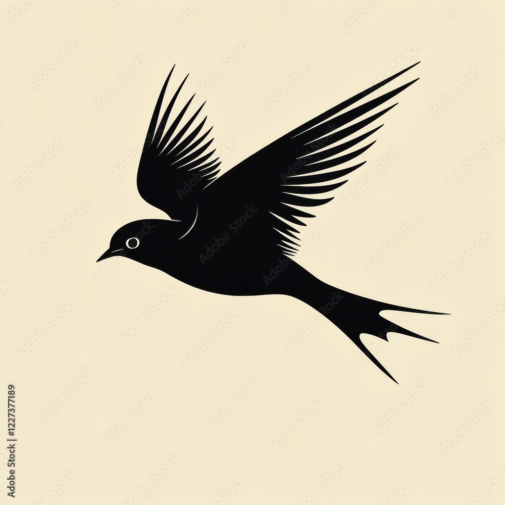 Poster black bird in flight showcasing distinct wing structure and graceful movement against a light backgr