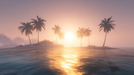 Obraz premium Serene Sunset Over Tropical Island Palm Trees