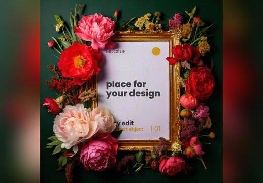 Golden Frame Page Poster Mockup Surrounded with Colorful Elegant Flowers