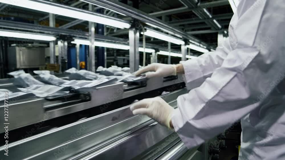 Poster efficiency in a textile factory showcasing automated fabric handling and processing systems during d