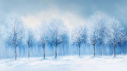 Obraz premium Winter trees in frosty blue hues with snow covered ground in a serene landscape painting