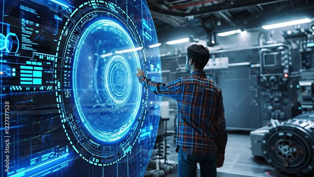 Wall mural a person interacts with a futuristic holographic interface in a high-tech laboratory setting