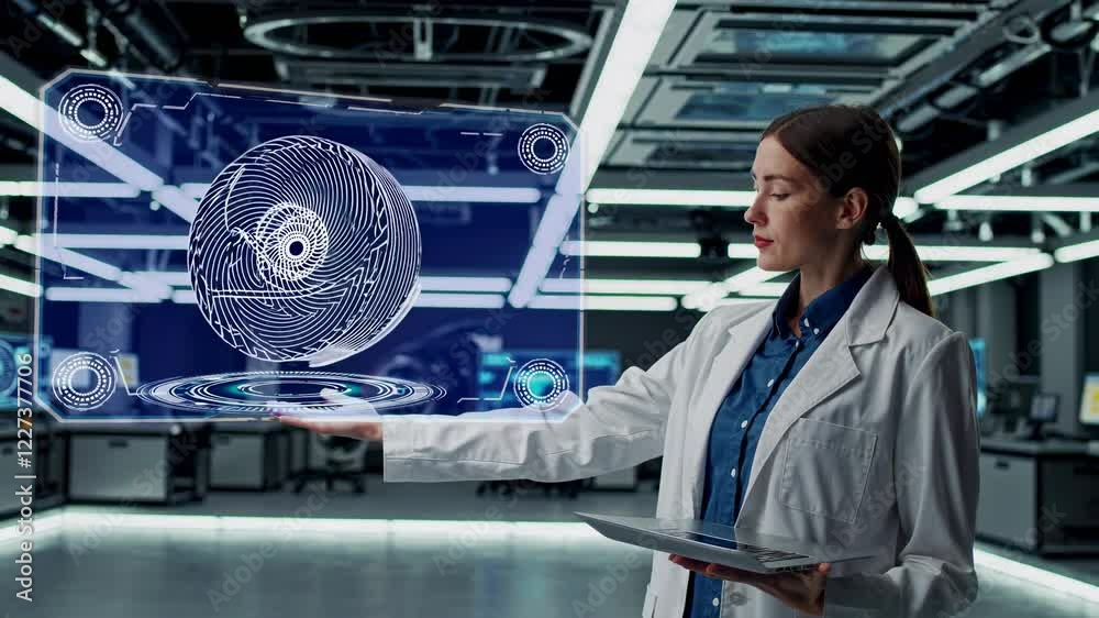 Poster high-tech laboratory with a scientist analyzing data on a laptop while interacting with 3d holograph
