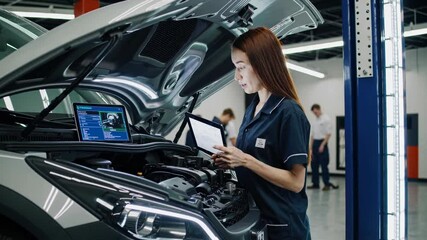 Female mechanic working on car engine in modern workshop while using diagnostic tools and laptop