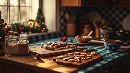 Festive kitchen scene with cookies and decorations on wooden counter in warm light