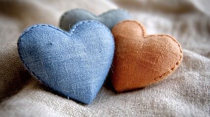 Fototapeta premium Three fabric hearts in blue gray and orange resting on a textured beige cloth surface