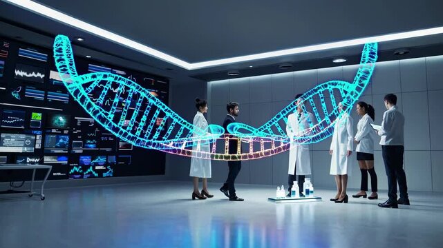 Breakthrough in genetic research showcased in advanced laboratory setting with interactive DNA model. HUD style.