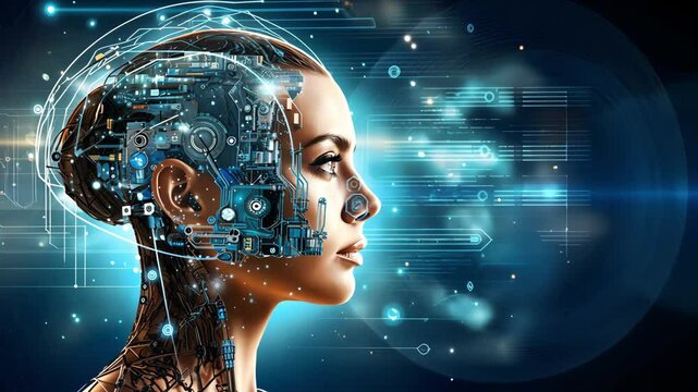 AI humanoid robot side view, technology and automation concept.