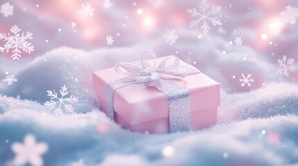 Pink gift box with silver ribbon on snow with falling snowflakes in soft pastel light