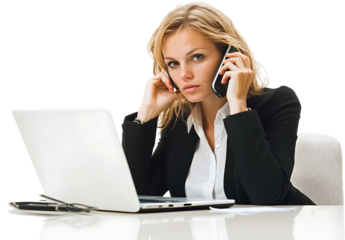 Busy businesswoman multitasking on phone and laptop