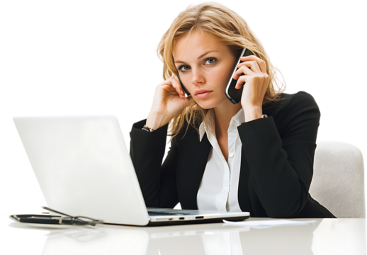 Busy businesswoman multitasking on phone and laptop