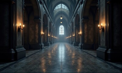 Obraz premium Interior View of a Grand Hallway with Archways and Wall Sconces