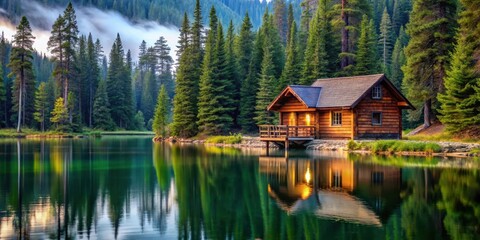 Obraz premium Cozy log cabin in the woods surrounded by tall trees and a serene lake , woods, solitude
