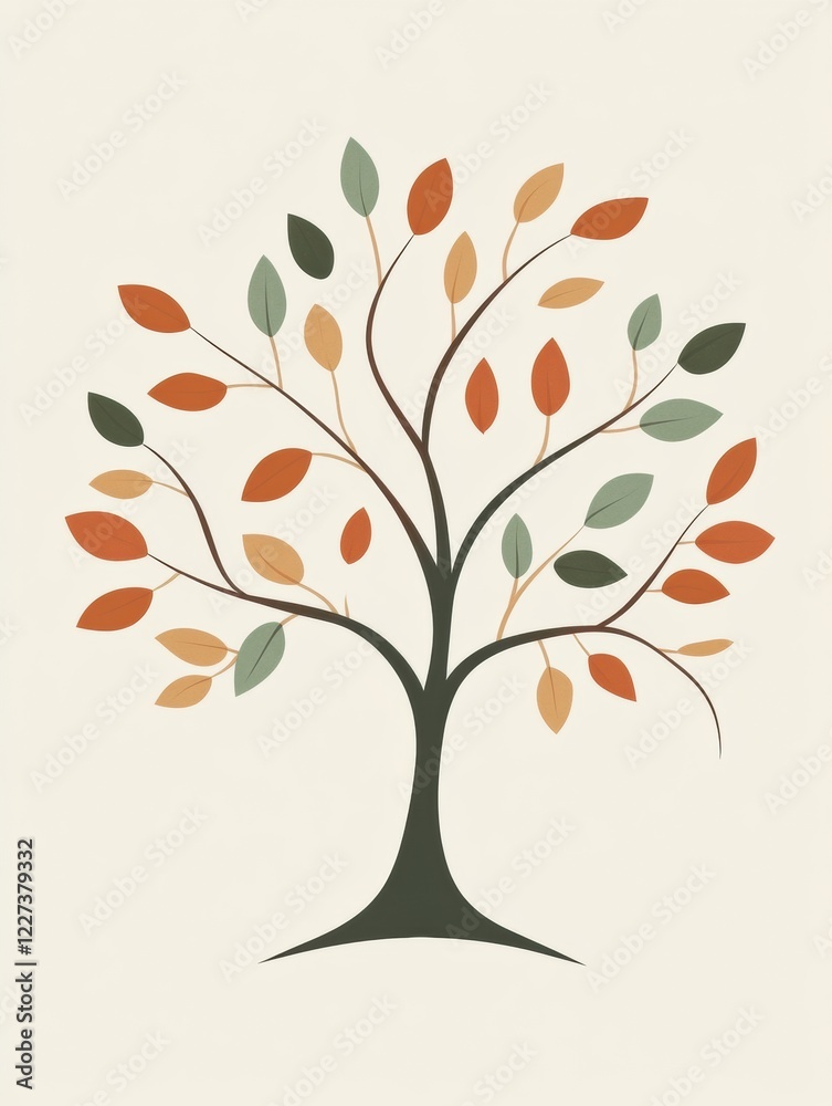Poster Stylized tree icon featuring colorful leaves and branches in warm autumn hues for creative projects and designs. Generative AI
