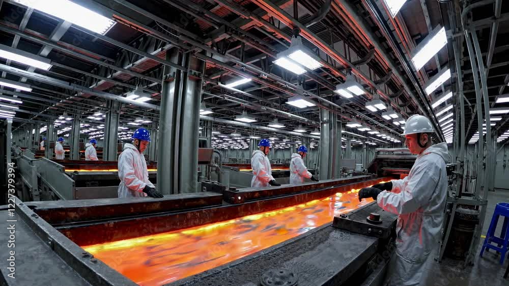 Poster workers operate machinery in a high-tech factory producing molten material with safety measures in p