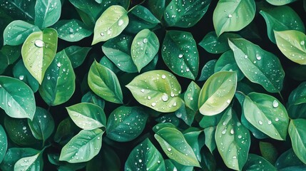 Fototapeta premium Lush green leaves with water drops create a fresh and natural seamless pattern design