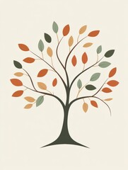 Obraz premium Stylized tree icon featuring colorful leaves and branches in warm autumn hues for creative projects and designs. Generative AI