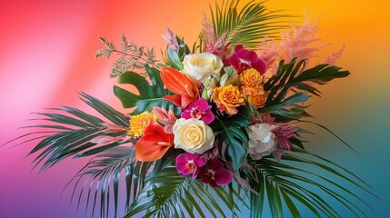 Obraz premium Tropical flower arrangement with vibrant colors and lush foliage on a gradient background