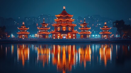 Fototapeta premium Night Lights of Dragon and Tiger Pagodas, Kaohsiung