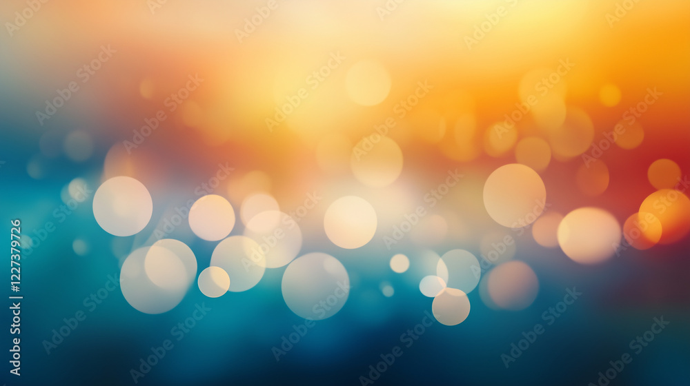 Poster Vibrant abstract bokeh background with warm orange and cool blue gradient. Soft glowing circular light spots creating a dreamy and ethereal atmosphere with smooth texture and blurred effect.