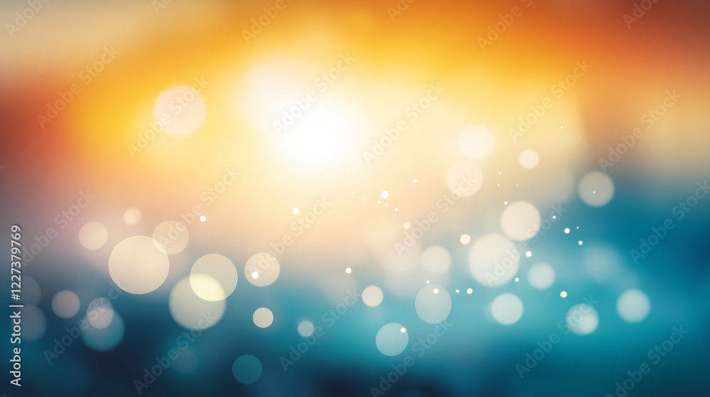 Poster Vibrant abstract bokeh background with warm orange and cool blue gradient. Soft glowing circular light spots creating a dreamy and ethereal atmosphere with smooth texture and blurred effect.