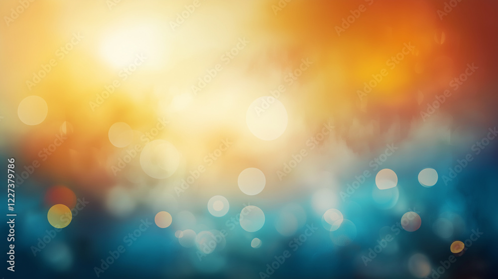 Poster Vibrant abstract bokeh background with warm orange and cool blue gradient. Soft glowing circular light spots creating a dreamy and ethereal atmosphere with smooth texture and blurred effect.