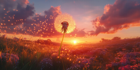 Dandelion seeds are blown away by the wind at sunset