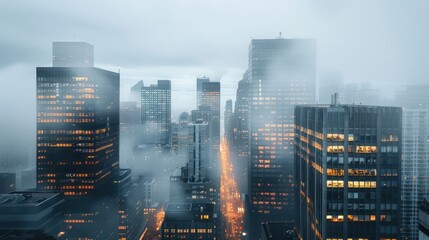Obraz premium Aerial view of a misty urban skyline at dusk, showcasing illuminated buildings and streets