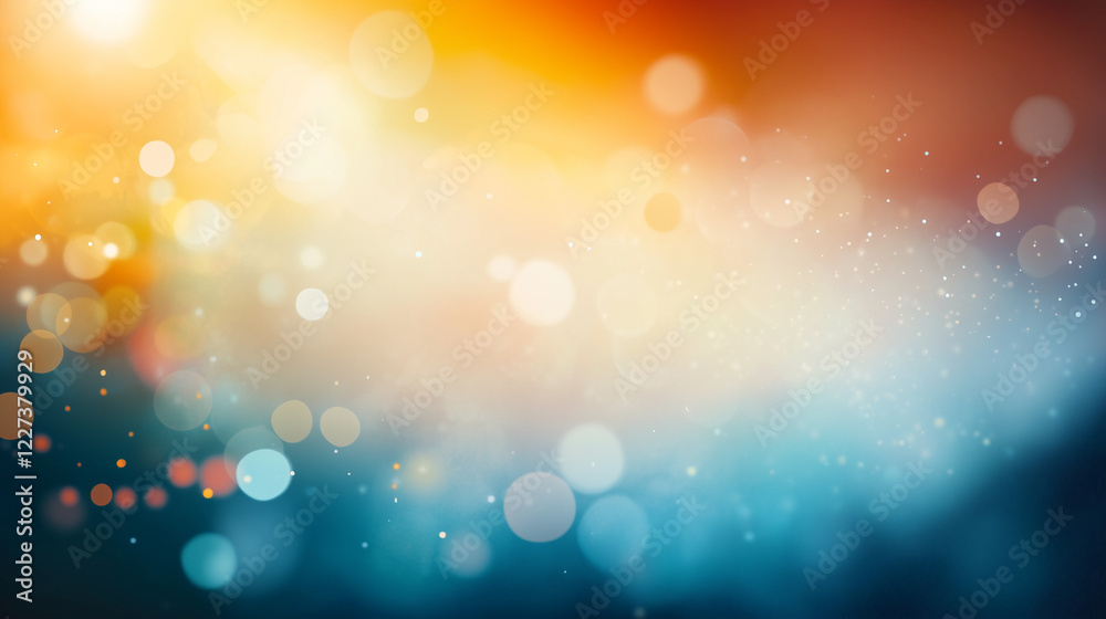 Fototapete Vibrant abstract bokeh background with warm orange and cool blue gradient. Soft glowing circular light spots creating a dreamy and ethereal atmosphere with smooth texture and blurred effect.