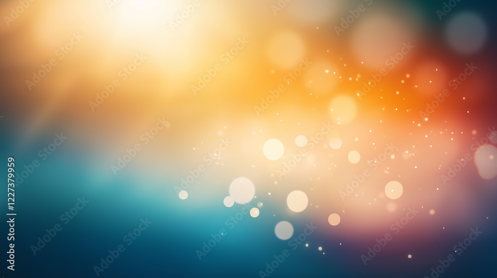 Poster Vibrant abstract bokeh background with warm orange and cool blue gradient. Soft glowing circular light spots creating a dreamy and ethereal atmosphere with smooth texture and blurred effect.