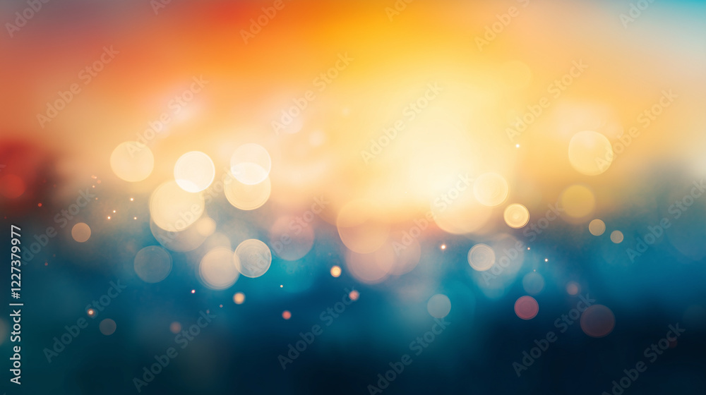 Aufkleber Vibrant abstract bokeh background with warm orange and cool blue gradient. Soft glowing circular light spots creating a dreamy and ethereal atmosphere with smooth texture and blurred effect.