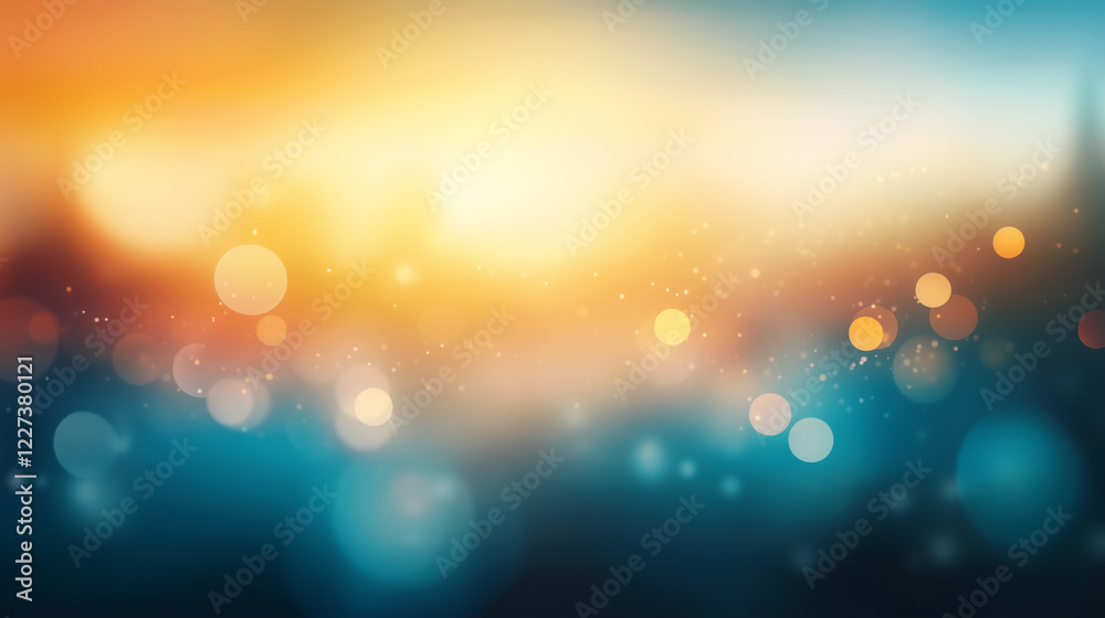 Poster Vibrant abstract bokeh background with warm orange and cool blue gradient. Soft glowing circular light spots creating a dreamy and ethereal atmosphere with smooth texture and blurred effect.